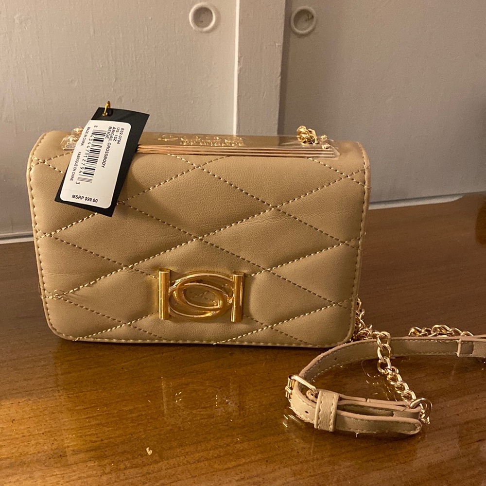 bebe Tan Crossbody Bag with Gold Accents